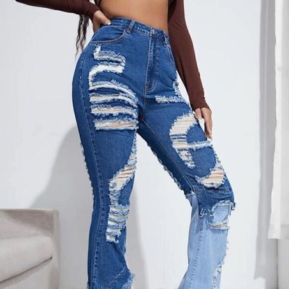 NEW! High Waist Ripped Distressed Flare Legs Color Block Denim Blue Jeans - Picture 4 of 6